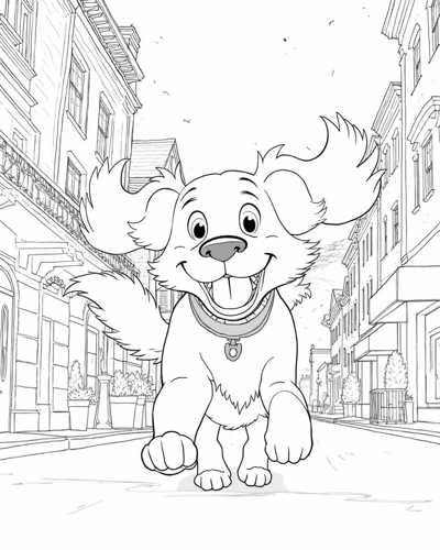 A Dog With A Blue Collar Is Running Down A Street. Coloring Page