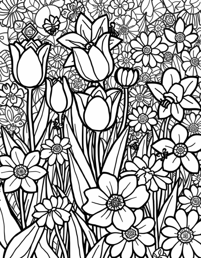 A Garden Scene With Tulips Daffodils And Marigolds... Coloring Page