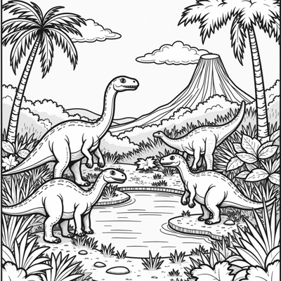 A Garden Scene With Dinosaurs Coloring Page