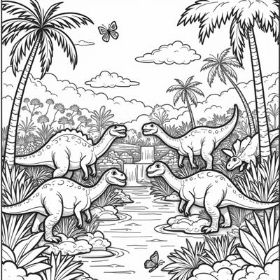A Garden Scene With Dinosaurs Coloring Page