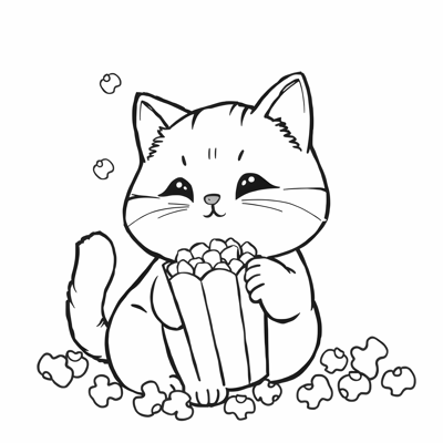 Cat With Popcorn Coloring Page