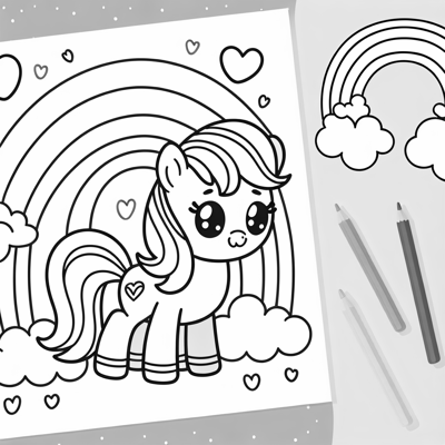A Pony With A Rainbow And Clouds In The Corner Coloring Page