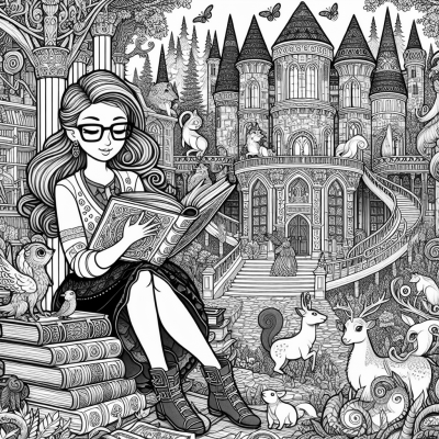 A Female Librarian With Glasses Reading A Book... Coloring Page