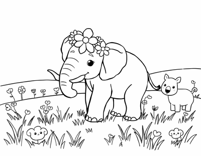 A Cartoonish Elephant Wearing A Crown Of Flowers... Coloring Page