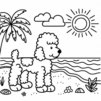 Less Curly Goldendoodle At The Beach Coloring Page