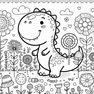 A TRex Covered In Candy In A Field Of Flowers Coloring Page