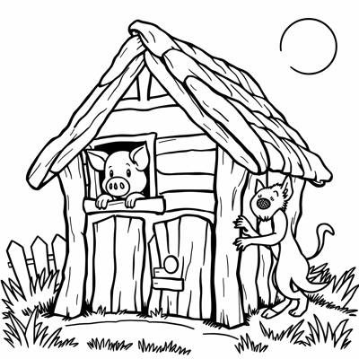 A House Made Of Sticks With The Second Pig Peeking... Coloring Page