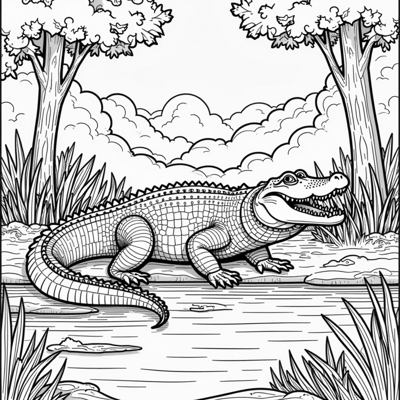 A Beautiful Alligator In The Forest Lake Coloring Page