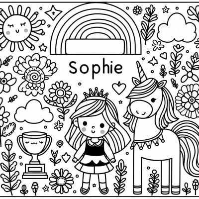 The Name Sophie With Unicorns Flowers And Trophies... Coloring Page