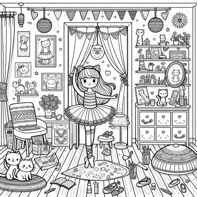 Young Girls Room Who Loves Cats And Enjoys Dance Coloring Page