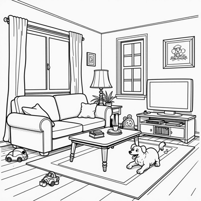 A Living Room With A Couch, TV, And A Table Coloring Page