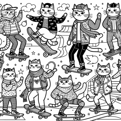 A Gang Of Badass Cats Skateboarding In A Skate... Coloring Page