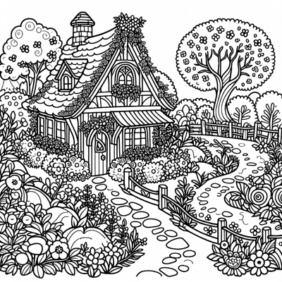 A Charming Garden Surrounds The Cottage Filled... Coloring Page