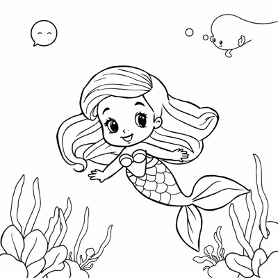 Cute Mermaid Swimming In The Ocean Coloring Page