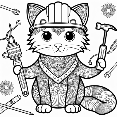 Mandala Image Of A Construction Cat Coloring Page