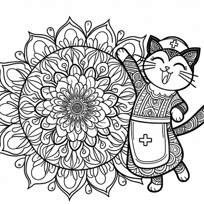 Mandala Image Of A Happy Nurse Cat Coloring Page