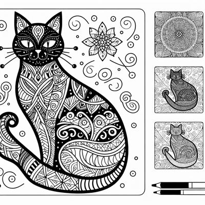 Zentangle Cat Balanced Design Coloring Page