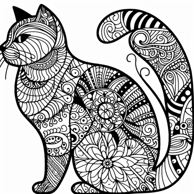 Zentangle Cat Balanced Design Coloring Page