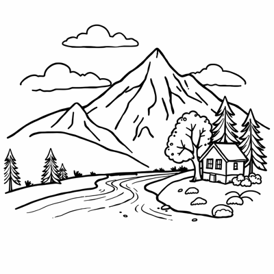 Mountain River House Tree Coloring Page