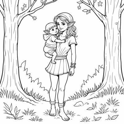 A Female Elf Carrying Her Baby In The Woods. Coloring Page