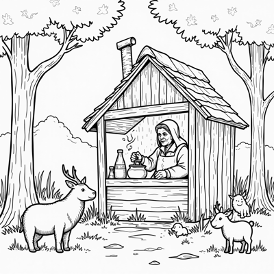 An Old Lady In A Hut In The Woods Coloring Page