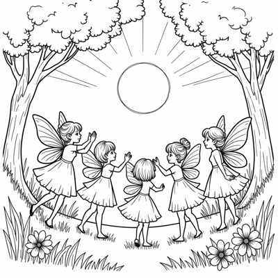 5 Pixies Around A Magic Flower Coloring Page
