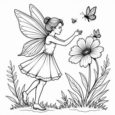 A Fairy Flying Around A Big Flower Coloring Page