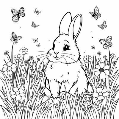 A Fluffy Bunny Sitting In A Field Of Flowers With... Coloring Page