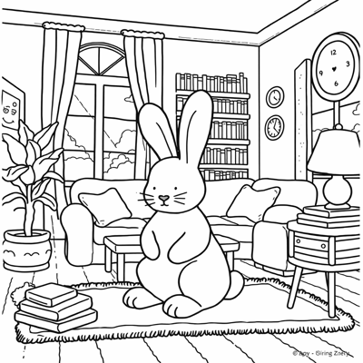 A Bunny Sitting On A Rug In A Cozy Living Room... Coloring Page