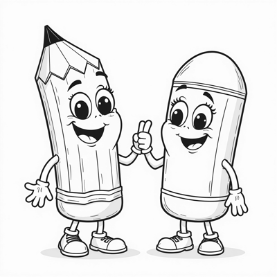 A Smiling Pencil And Eraser Giving Each Other A... Coloring Page