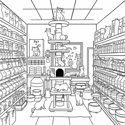 A Playful Cartoon Pet Shop Interior Showcasing A... Coloring Page