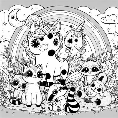 Kawaii Kitten Unicorn Raccoon Goat Cow Bird... Coloring Page
