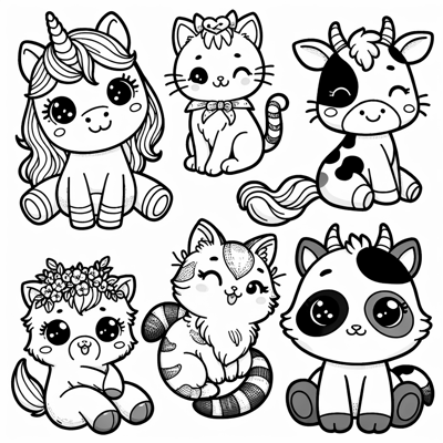 Kawaii Unicorn Cow Kitten Goat And Raccoon All... Coloring Page