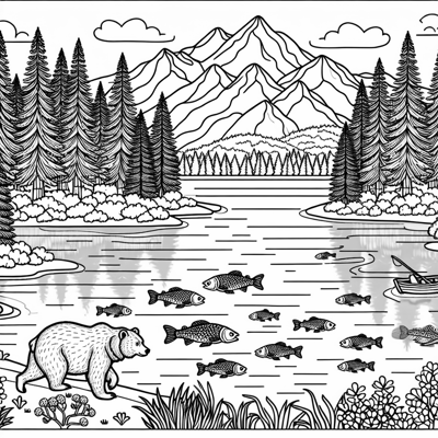 Lake View With Many Pine Trees Mountain In The... Coloring Page