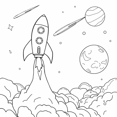 Rockets Blasting Off With Whimsical Comets... Coloring Page