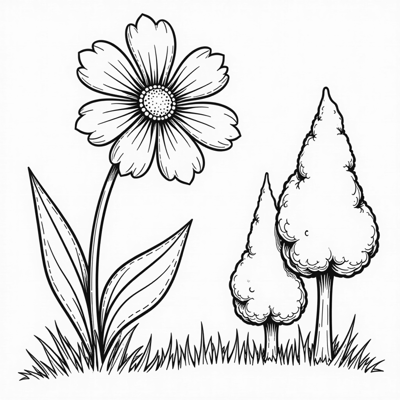 Draw A Flower And Let There Be Trees Beside It. Coloring Page