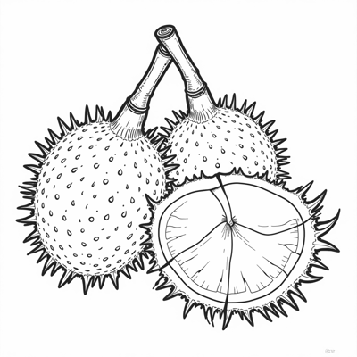 A Picture Of Rambutan Fruit Complete With Its Stem... Coloring Page