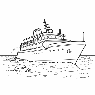 A Picture Of A Ferry In The Ocean With Dolphins Coloring Page