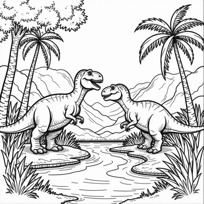 Dinosaurs In A Jurassic Forest Coloring Page