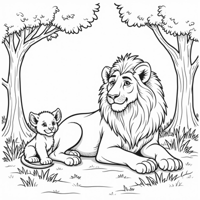 A Lion In A Forest With His Cubs Coloring Page