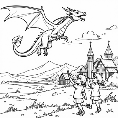 Dragons Flying In The Sky Spitting Fire Coloring Page