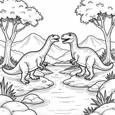 Cute And Friendly Dinosaurs In Prehistoric... Coloring Page