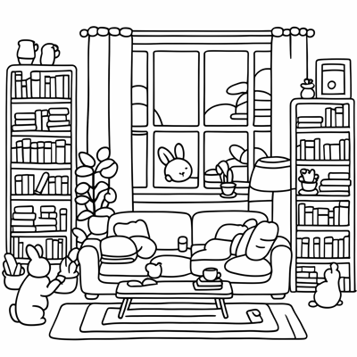 A Bunny Sitting On A Rug In A Cozy Living Room... Coloring Page