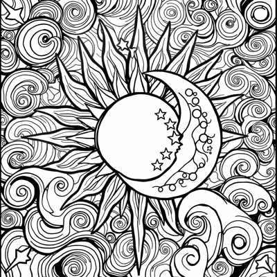 Celestial Patterns Create A Blend Of Sun Moon And... Coloring Page