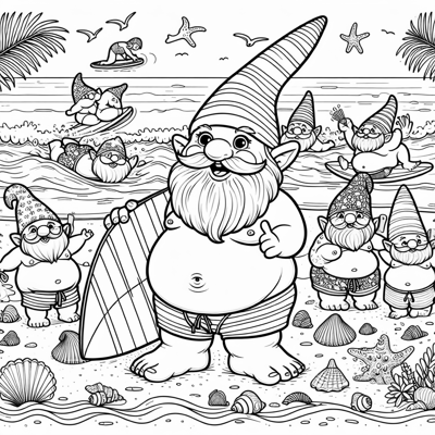 Fat Gnomes At The Beach Swimming And Surfing Coloring Page