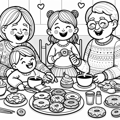 Grandparents Eating Donuts And Drinking Coffee... Coloring Page