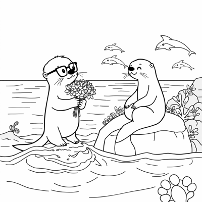 A Boy Sea Otter With Glasses Giving A Girl Sea... Coloring Page