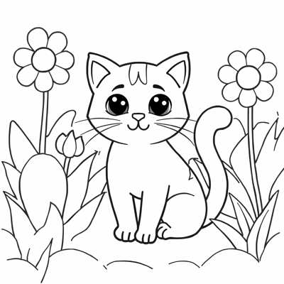 Cat In Garden Coloring Page