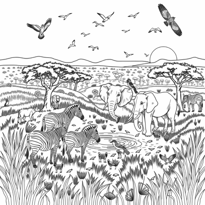 An Elaborate Scene Featuring Various Animals Of... Coloring Page