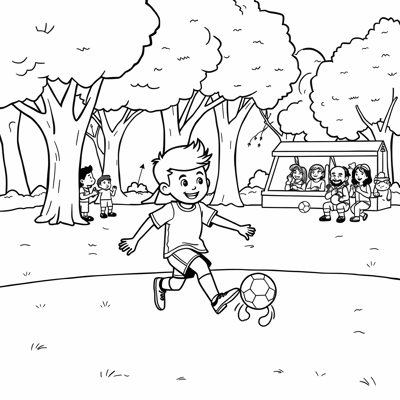 Budi Playing Soccer With Friends Under A Rainbow Coloring Page